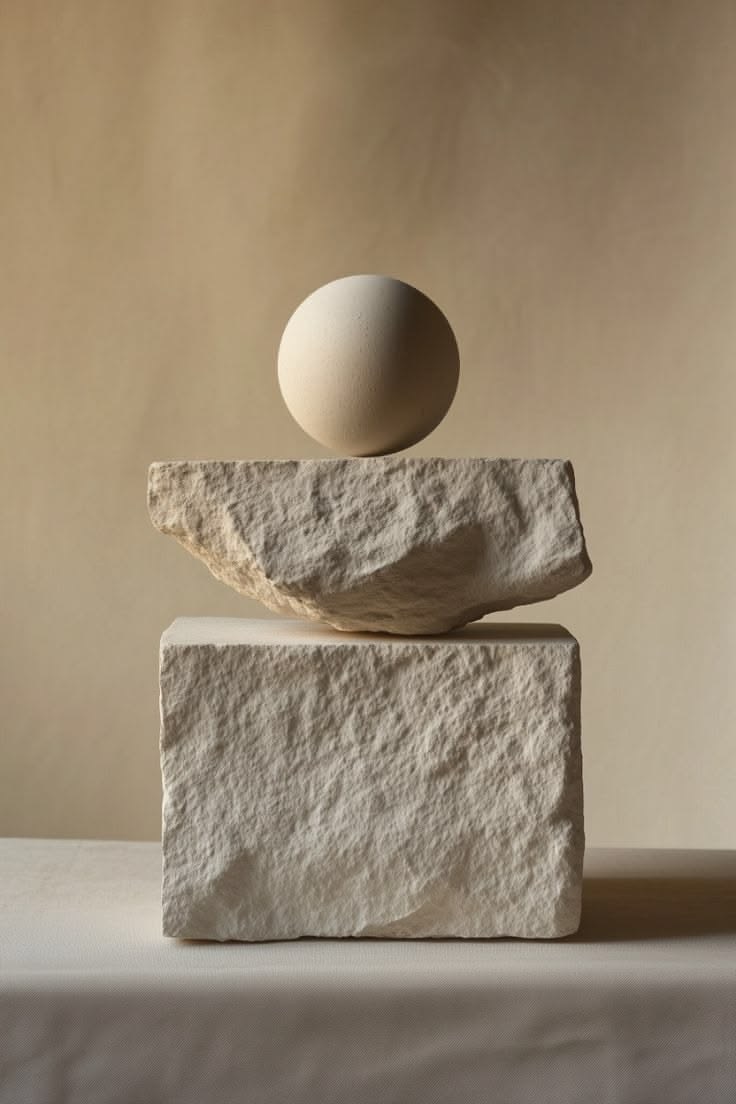 A pale stone sphere balanced on rough limestone